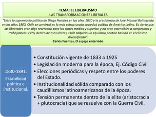 TEMA: EL LIBERALISMO 
LAS TRANSFORMACIONES LIBERALES 
“Entre la supremacía política de Diego Portales en los años 1830 y la presidencia de José Manuel Balmaceda 
en los años 1880, Chile se convirtió en la más estructurada sociedad política de América Latina. Es cierto que 
las libertades eran algo reservado para las clases medias y superior, y no eran extensibles a campesinos y 
trabajadores. Pero, dentro de esos límites, Chile adquirió un equilibrio político basado en el elitismo 
• Constitución vigente de 1833 a 1925 
• Legislación moderna para la época, Ej. Código Civil 
• Elecciones periódicas y respeto entre los poderes 
del Estado. 
• Institucionalidad sólida comparado con los 
caudillismos latinoamericanos de la época. 
• Tensión permanente dentro de la elite (aristocracia 
+ plutocracia) que se resuelve con la Guerra Civil. 
1830-1891: 
Estabilidad 
política e 
institucional. 
diversificado”. 
Carlos Fuentes, El espejo enterrado 
 
