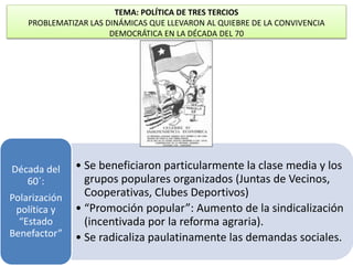 TEMA: POLÍTICA DE TRES TERCIOS 
PROBLEMATIZAR LAS DINÁMICAS QUE LLEVARON AL QUIEBRE DE LA CONVIVENCIA 
DEMOCRÁTICA EN LA DÉCADA DEL 70 
• Se beneficiaron particularmente la clase media y los 
grupos populares organizados (Juntas de Vecinos, 
Cooperativas, Clubes Deportivos) 
• “Promoción popular”: Aumento de la sindicalización 
(incentivada por la reforma agraria). 
• Se radicaliza paulatinamente las demandas sociales. 
Década del 
60´: 
Polarización 
política y 
“Estado 
Benefactor” 
 