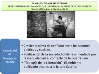 TEMA: POLÍTICA DE TRES TERCIOS 
PROBLEMATIZAR LAS DINÁMICAS QUE LLEVARON AL QUIEBRE DE LA CONVIVENCIA 
DEMOCRÁTICA EN LA DÉCADA DEL 70 
• Creciente clima de conflicto entre los sectores 
políticos y sociales. 
• Politización de la sociedad Chilena alimentada por 
la inequidad en el contexto de la Guerra Fría. 
• “Teología de la Liberación”: El ambiente 
politizado alcanza a la Iglesia Católica. 
Década del 
70´: 
Polarización 
política 
 