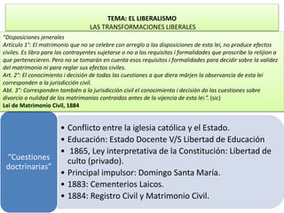 TEMA: EL LIBERALISMO 
LAS TRANSFORMACIONES LIBERALES 
“Disposiciones jenerales 
Artículo 1°: El matrimonio que no se celeb...