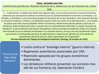 TEMA: REGIMEN MILITAR 
CONTEXTUALIZACIÓN DEL PROCESO POLÍTICO EN EL MARCO DE LAS DICTADURAS DEL CONO 
SUR. 
"1._ Fundament...