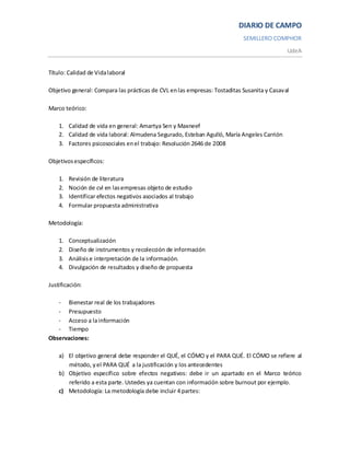 DIARIO DE CAMPO
                                                                           SEMILLERO COMPHOR
                                                                                            UdeA


Título: Calidad de Vida laboral

Objetivo general: Compara las prácticas de CVL en las empresas: Tostaditas Susanita y Casaval

Marco teórico:

    1. Calidad de vida en general: Amartya Sen y Maxneef
    2. Calidad de vida laboral: Almudena Segurado, Esteban Agulló, María Angeles Carrión
    3. Factores psicosociales en el trabajo: Resolución 2646 de 2008

Objetivos específicos:

    1.   Revisión de literatura
    2.   Noción de cvl en las empresas objeto de estudio
    3.   Identificar efectos negativos asociados al trabajo
    4.   Formular propuesta administrativa

Metodología:

    1.   Conceptualización
    2.   Diseño de instrumentos y recolección de información
    3.   Análisis e interpretación de la información.
    4.   Divulgación de resultados y diseño de propuesta

Justificación:

   - Bienestar real de los trabajadores
   - Presupuesto
   - Acceso a la información
   - Tiempo
Observaciones:

    a) El objetivo general debe responder el QUÉ, el CÓMO y el PARA QUÉ. El CÓMO se refiere al
       método, y el PARA QUÉ a la justificación y los antecedentes
    b) Objetivo específico sobre efectos negativos: debe ir un apartado en el Marco teórico
       referido a esta parte. Ustedes ya cuentan con información sobre burnout por ejemplo.
    c) Metodología: La metodología debe incluir 4 partes:
 