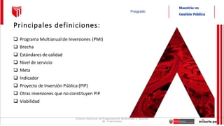Sistema Nacional de Programación Multianual y Gestión
de Inversiones
Principales definiciones:
 Programa Multianual de Inversiones (PMI)
 Brecha
 Estándares de calidad
 Nivel de servicio
 Meta
 Indicador
 Proyecto de Inversión Pública (PIP)
 Otras inversiones que no constituyen PIP
 Viabilidad
 