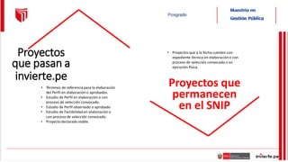 Proyectos
que pasan a
invierte.pe
• Términos de referencia para la elaboración
del Perfil en elaboración o aprobados.
• Estudio de Perfil en elaboración o con
proceso de selección convocado.
• Estudio de Perfil observado o aprobado
• Estudio de Factibilidad en elaboración o
con proceso de selección convocado.
• Proyecto declarado viable.
Proyectos que
permanecen
en el SNIP
• Proyectosque a la fecha cuenten con
expediente técnico en elaboracióno con
proceso de selección convocado o en
ejecución física.
 