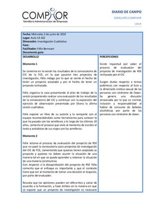 DIARIO DE CAMPO
                                                                         SEMILLERO COMPHOR
                                                                                          UdeA


Fecha: Miércoles 2 de junio de 2010
Lugar: Aula 13-322
Dimensión: Investigación Cualitativa
Fase:
Facilitador: Félix Berrouet
Documento guía:
DESARROLLO                                                    PERCEPCIONES

Momento 1                                                     Existe inquietud por saber el
                                                              proceso de evaluación del
Se comenta en la sesión los resultados de la convocatoria de proyecto de investigación de RSE
CIC de la FCE, en la que pasaron tres proyectos de rechazado por el CIC
investigación, Félix indaga por lo que se siente el hecho de
tener un proyecto aceptado y por el hecho de tener un Surgen dudas respecto a temas
proyecto rechazado.                                           polémicos con respecto al licor y
                                                              la dimensión erótico-sexual de las
Félix organiza la casa presentando el plan de trabajo de la personas con síndrome de Down.
sesión proponiendo realizar una evaluación de los resultados Se     genera    una     discusión
de la convocatoria del CIC y continuar con la exposición del atravesada por lo que es normal,
ejercicio de observación presentado por Eliana la última inclusión y responsabilidad al
sesión cualitativa.                                           hablar de consumo de bebidas
                                                              alcohólicas por parte de las
Félix expone un libro de su autoría y lo comparte con el personas con síndrome de down.
equipo recomendándolo como herramienta para conocer lo
que ha pasado con los semilleros a lo largo de los últimos 10
años, comenta el proceso que vivió al momento de escribir el
texto y anécdotas de sus viajes con los semilleros.

Momento 2

Félix retoma el proceso de evaluación del proyecto de RSE
que no pasó la convocatoria para proyectos de investigación
del CIC de FCE, comentando que quienes tienen aceptado su
proyecto y quienes no deben asumir la situación de una
manera tal en que se pueda aprender y retomar la situación
de una manera constructiva.
Con respecto a la desaprobación del proyecto de RSE Félix
comenta que el enfoque es importante y que el contexto
tiene que ver al momento de tomar una decisión al respecto,
por parte del evaluador.

Rescata que las opiniones pueden ser diferentes y variar de
acuerdo a la formación, y hace énfasis en la manera en que
se expone que un proyecto de investigación es necesario
 