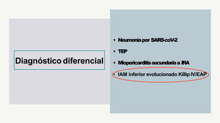 • Neumoníapor SARS-coV-2
• TEP
• Miopericarditissecundariaa IRA
• IAM inferior evolucionado KillipIV/EAP
Diagnóstico diferencial
 