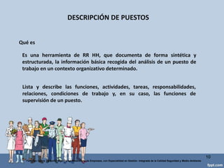 ANÁLISISDE PUESTOS
10
Federico Galvis Tarquino Mgs En Administración de Empresas, con Especialidad en Gestión Integrada de la Calidad Seguridad y Medio Ambiente
Qué es
?
Proceso que descompone un puesto de trabajo en unidades menores
para, a través de un estudio más detallado, comprender su
responsabilidad e importancia en conjunto y dentro de un contexto
organizativo determinado (Rev.McCormick, otros)
 