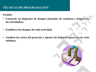 TÉCNICAS DE PROGRAMACIÓN
PASOS:
• Construir un diagrama de tiempos (instantes de comienzo y holgura de
las actividades).
• Establecer los tiempos de cada actividad.
• Analizar los costes del proyecto y ajustar las holguras (proyecto de coste
mínimo).

 
