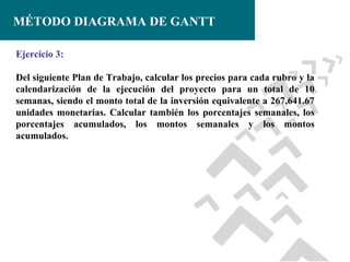MÉTODO DIAGRAMA DE GANTT
Ejercicio 3:
Del siguiente Plan de Trabajo, calcular los precios para cada rubro y la
calendarización de la ejecución del proyecto para un total de 10
semanas, siendo el monto total de la inversión equivalente a 267,641.67
unidades monetarias. Calcular también los porcentajes semanales, los
porcentajes acumulados, los montos semanales y los montos
acumulados.

 