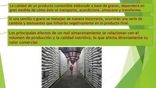La calidad de un producto comestible elaborado a base de granos, dependerá en
gran medida de cómo éste se transporte, acondicione, almacene y transforme.
Si una semilla o grano se manejan de manera incorrecta, ocurrirán una serie de
cambios y atenuantes que influirán negativamente en el producto final.
Los principales efectos de un mal almacenamiento se relacionan con el
volumen de producción y la calidad nutritiva, lo que afecta directamente su
valor comercial.
 