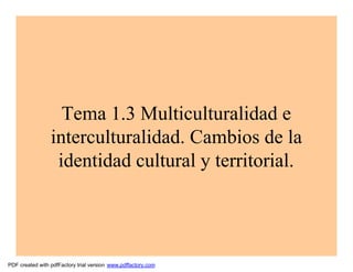 Tema 1.3 Multiculturalidad e
                 interculturalidad. Cambios de la
                  identidad cultural y territorial.




PDF created with pdfFactory trial version www.pdffactory.com
 