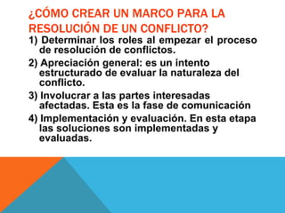 ¿CÓMO CREAR UN MARCO PARA LA RESOLUCIÓN DE UN CONFLICTO? 1) Determinar los roles al empezar el proceso de resolución de conflictos. 2) Apreciación general: es un intento estructurado de evaluar la naturaleza del conflicto.  3) Involucrar a las partes interesadas afectadas. Esta es la fase de comunicación  4) Implementación y evaluación. En esta etapa las soluciones son implementadas y evaluadas.  