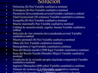 Solución
•   Oxitocina (Si-No) Variable cualitativa nominal
•   Eclampsia (Si-No) Variable cualitativa nominal
•   Parasitosis (leve,moderada,severa)Variable cualitativa ordinal
•   Edad Gestacional (30 semanas) Variable cuantitativa continua
•   Ecografia (Si-No) Variable cualitativa nominal
•   Muerte materna(Si-No) Variable cualitativa nominal
•   Calidad de atención (mala, regular, buena) Variable cualitativa
    ordinal
•   Infección de vías urinarias (leve,moderada,severa) Variable
    cualitativa ordinal
•   Muerte perinatal (Si-No) Variable cualitativa nominal
•   Obito (Si-No) Variable cualitativa nominal
•   Hemoglobina (11gr)Variable cuantitativa continua
•   Peso del Recién nacido (3500 Kgr) Variable cuantitativa continua
•   Sexo del Recién Nacido (Hombre-Mujer) Variable cualitativa
    nominal
•   Condición de la vivienda (propia-alquilada-compartida) Variable
    cualitativa nominal
•   Ingresos Mensuales (600 soles) Variable cuantitativa continua
•   Número de cesáreas Autora: Jully Pahola Calderón
                         (2,3,4)Variable cuantitativa continua
•   Cantidad de legrados (1,2,3) Saldaña
                                   Variable cuantitativa discreta
 