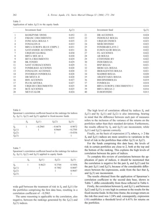 282

L. Ferruz Agudo, J.L. Sarto Marzal / Omega 32 (2004) 273 – 284

Table 5
Application of index Sp (3) to the equity funds
Investment fund
1
2
3
4
5
6
7
8
9
10
11
12
13
14
15
16
17
18
19
20

Sp (3)

BANKPYME SWISS
FIBANC CRECIMIENTO
FONCAIXA BOLSA 5
FONJALON II
BBVA EUROPA BLUE CHIPS 2
SANTANDER ACCIONES
URQUIJO GLOBAL
BBVA MIX 60 A
BETA CRECIMIENTO
BK FONDO
SANT EUROACCIONES
FONBILBAO ACCIONES
FONJALON ACCIONES
INVERBAN FONBOLSA
DB MIXTA II
BSN ACCIONES
PLUSCARTERA
URQUIJO CRECIMIENTO
BCH ACCIONES
METAVALOR

0.052
0.035
0.035
0.033
0.031
0.031
0.030
0.030
0.029
0.029
0.029
0.028
0.028
0.028
0.028
0.027
0.027
0.025
0.025
0.024

Table 6
Spearman’s correlation coe cient based on the rankings for indices
Sp , Sp (1), Sp (2) and Sp (3) applied to ÿxed-income funds
Sp
Sp
Sp (1)
Sp (2)
Sp (3)

Sp (1)

Sp (2)

Sp (3)

1

−0.2965
1

−0.4674
0.9669
1

0.9872
−0.2705
−0.4356
1

Table 7
Spearman’s correlation coe cient based on the rankings for indices
Sp , Sp (1), Sp (2) and Sp (3) applied to equity funds
Sp
Sp
Sp (1)
Sp (2)
Sp (3)

Sp (1)

Sp (2)

Sp (3)

1

0.8623
1

0.3764
0.7482
1

0.5456
0.8687
0.9687
1

wide gulf between the treatment of risk in Sp and Sp (1) for
the portfolios comprising the ÿrst data base, resulting in a
correlation coe cient of −0:2965.
The same reasoning is applicable to the correlation, also
negative, between the rankings generated by the Sp (2) and
Sp (3) indices.

Investment fund
21
22
23
24
25
26
27
28
29
30
31
32
33
34
35
36
37
38
39
40

Sp (3)

DB ACCIONES
INDOSUEZ BOLSA
URQUIJO INDICE
MERCHFONDO
FONDBARCLAYS 2
EUROVALOR BOLSA
FG ACCIONES
AB BOLSA
CITIFONDO RV
INDEXBOLSA
BNP BOLSA
IBERCAJA BOLSA
IBERAGENTES BOLSA
MADRID BOLSA
ARGENTARIA BOLSA
BM-DINERBOLSA
FONBOLSA
BBVA EUROPA CRECIMIENTO 1
BBVA BOLSA 2
EUROFONDO

0.024
0.024
0.023
0.023
0.022
0.022
0.022
0.022
0.022
0.022
0.021
0.021
0.021
0.020
0.020
0.019
0.018
0.018
0.016
0.013

The high level of correlation o ered by indices Sp and
Sp (3) and by Sp (1) and Sp (2) is also interesting, bearing
in mind that the di erence between each pair of measures
refers to the inclusion of the variance of the returns on the
portfolios rather than their standard deviation. Furthermore,
the results o ered by Sp and Sp (3) are inconsistent, while
Sp (1) and Sp (2) operate correctly.
Finally, on the basis of expression (17), when p ¿ 2 the
Sp and Sp (1) indices are more sensitive to variations in the
level of risk in the portfolios than either Sp (3) or Sp (2).
For the funds comprising this data base, the levels of
risk in certain portfolios are close to 2, both at the top and
the bottom of the ranking. This explains the high levels of
correlation between the pairs of indices.
To complete this review of correlations between the application of pairs of indices, it should be mentioned that
the correlation is negative for the pair Sp and Sp (2) and for
the pair Sp (1) and Sp (3), because of the considerable di erences between the expressions, aside from the fact that Sp
and Sp (3) are inconsistent.
The results obtained from the application of Spearman’s
correlation coe cient to the second data base, shown in
Table 7, di er considerably from those re ected in Table 6.
Firstly, the correlation between Sp and Sp (1), and between
Sp (2) and Sp (3), is very high in contrast to the results for the
ÿxed-income funds. In this time-frame, the average return on
the risk-free asset was 1.24% and, consequently, expression
(10) establishes a threshold level of 6.41% for returns on
the portfolios.

 