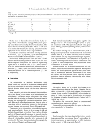 L. Ferruz Agudo, J.L. Sarto Marzal / Omega 32 (2004) 273 – 284

283

Table 8
Study of partial derivatives permitting analysis of the conventional Sharpe’s ratio and the alternatives proposed as approximation to utility
indicators in the presence of risk
Sp
Ip = E p
2 I = (E )2
p
p
Ip = p
Ep = p
2 E = ( )2
p
p
∗ if

Sp (1)

Sp (2)

Sp (3)

+
=0
−∗
+
=0

+
=0
−
+
=0

+
=0
−
+
+

+
=0
−∗
+
+

E p ¿ Rf

On the basis of the results shown in Table 1b, the average returns obtained on the equity portfolios were generally lower than, but reasonably close to, this threshold. This
means that the sensitivity of all of the indices to risk tends
to be similar and, therefore, the rankings generated from the
application of each measure have a high correlation.
Secondly, the correlations between the rankings generated
by indices Sp , Sp (3), Sp (1) and Sp (2) are noticeably lower
than those obtained for the ÿrst data base (Table 6).
In this sense, the key reference value was level 2 of the
standard deviation of the portfolios. In the second data base,
which comprises equity funds, risk levels are signiÿcantly
higher than 2, as shown in Table 1b. As a result, sensitivity to risk di ers markedly between the pairs of indices. In
particular Sp (2) and Sp (3) are less sensitive in these circumstances and penalise risk to a lesser degree than Sp (1) and
Sp , respectively.
4. Conclusions
The measurement of portfolio performance using
Sharpe’s ratio may give rise to inconsistent rankings where
the average returns on the portfolios considered are lower
than the average returns on the risk-free asset taken as a
reference.
More generally, and taking this anomaly into consideration, where Sharpe’s ratio is used as an approximation to a
utility index, it can be seen, among other matters, that it does
not take strict risk aversion on the part of a rational ÿnancial
investor into account within a normative conceptual framework. This needs to be taken into account from the point of
view of the utility or satisfaction obtained by the individual
investor from the investments in the portfolios analysed.
The proposed series of postulates, which take into account
basic aspects of utility theory in the presence of risk and
the basic ÿnancial logic of Portfolio Theory, allows detailed
analysis of Sharpe’s ratio, bringing out its strengths but also
highlighting the sources of possible ÿnancial anomalies (e.g.
where Ep ¡ Rf ) and the lack of a strict treatment of risk
aversion. On this basis, alternative indices belonging to the
same family as Sharpe’s can be generated.

Such alternative indices have been applied together with
Sharpe’s ratio to a data base containing the returns on Spanish investment funds. The application of each index gives
rise to di ering performance rankings for the portfolios analysed.
Not all these rankings can be considered as valid, with it
being necessary to exclude classiÿcations with inconsistent
indexes when Ep ¡ Rf . In the remaining indexes coherent,
albeit di erent, rankings are generated although, in general,
with high correlations. These di erences are explained by a
distinct treatment given to the risk-return combination, with
a greater or lower compensation being required for return
when there is an increase in risk.
Further research will be required to ÿne tune the conceptual framework and operational approach. Among other
matters, the relative premium appears to make little di erence to the rankings, while the measurement of risk using
the variance may have profound e ects, especially in equity
portfolios, where it introduces a bias towards more conservatively managed funds.
Acknowledgements
The authors would like to express their thanks to the
Spanish Directorate General for Higher Education for the
award of Project PB97-1003, to the Regional Government of
Aragon for the award of Project P06/97, to Ibercaja for the
award of Project 268-96 and to the University of Zaragoza
for the award of funding through Research Projects 268-77,
268-84, and 268-93.
The authors also express their thanks to comments and
suggestions of the anonymous referees.
Any possible errors contained in this paper are the exclusive responsibility of the authors.
Appendix
Details regarding the study of partial derivatives permitting analysis of the conventional Sharpe’s ratio and the alternatives proposed as approximations to utility indicators
in the presence of risk are given in Table 8.

 