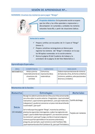 SESIÓN DE APRENDIZAJE Nº…
NOMBRE:Usamos los números para jugar “Bingo”
AprendizajesEsperados:
ÁREA COMPETENCIA CAPACIDAD INDICADOR
MATEMÁTICA Actúa y piensa
matemáticamente en
situaciones de
cantidad.
Comunicay
representaideas
matemáticas
Elaborarepresentacionesde números
de hasta dos cifras,de forma simbólica
(números,palabras,valorposicionalen
decenasyunidades).
Momentos de la Sesión:
Momentos Estrategias Materiales
Inicio
(15 minutos)
Recoge lossaberespreviosde losniñosylasniñasconversando
con ellossobre la sesión anterior. Pregúntales: ¿qué actividad
realizamos?,¿qué númerosaprendimos?, ¿con qué materiales
trabajamos?;¿pudieronconocerse un poco más desarrollando
la actividad?, ¿por qué?
Se le indicaque hoyjugarán “Bingo”,muestralascartillasy
plantealassiguientes interrogantes:¿sabenlasreglasde este
juego?,¿qué se debe hacerparaganar?; ¿esnecesarioconocer
losnúmeros?,¿porqué?Luego,escribe enlapizarraalgunos
númerosque hanaprendidoenlassesionesanterioresy
pregunta,porejemplo:¿qué númeroes este?(señalael 36);
¿qué representaestacifra?(señalael 3),¿porqué?Felicítalosy
Cartilla de bingo
Tarjeta con números
Propósito didáctico: En la presente sesión se espera
que los niños y las niñas aprendan a representar y
descomponer en sumandos y unidades los números
naturales hasta 90, a partir de situaciones lúdicas.
Antes de la sesión:
 Prepara cartillas con recuadros de 3 × 3 para el “Bingo”
(Anexo 1).
 Prepara cartulinas rectangulares en blanco para
registrar los números del “Bingo” e introduce en la caja
las 90 tapitas numeradas en la sesión anterior.
 Revisa la página 35 del Cuaderno de trabajo y la
actividad 2 de la página 16 del libro Matemática 2.
 