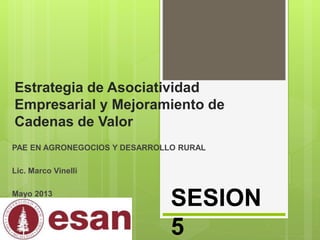 Estrategia de Asociatividad
Empresarial y Mejoramiento de
Cadenas de Valor
PAE EN AGRONEGOCIOS Y DESARROLLO RURAL
Lic. Marco Vinelli
Mayo 2013
SESION
5
 