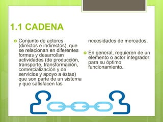 1.1 CADENA
 Conjunto de actores
(directos e indirectos), que
se relacionan en diferentes
formas y desarrollan
actividades...