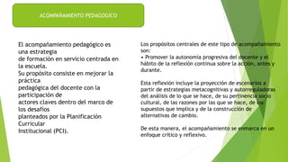 ACOMPAÑAMIENTO PEDAGOGICO
El acompañamiento pedagógico es
una estrategia
de formación en servicio centrada en
la escuela.
Su propósito consiste en mejorar la
práctica
pedagógica del docente con la
participación de
actores claves dentro del marco de
los desafíos
planteados por la Planificación
Curricular
Institucional (PCI).
Los propósitos centrales de este tipo de acompañamiento
son:
• Promover la autonomía progresiva del docente y el
hábito de la reflexión continua sobre la acción, antes y
durante.
Esta reflexión incluye la proyección de escenarios a
partir de estrategias metacognitivas y autorreguladoras
del análisis de lo que se hace, de su pertinencia socio
cultural, de las razones por las que se hace, de los
supuestos que implica y de la construcción de
alternativas de cambio.
De esta manera, el acompañamiento se enmarca en un
enfoque crítico y reflexivo.
 