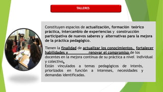 Constituyen espacios de actualización, formación teórico
práctica, intercambio de experiencias y construcción
participativa de nuevos saberes y alternativas para la mejora
de la práctica pedagógico.
Tienen la finalidad de actualizar los conocimientos, fortalecer
habilidades y renovar el compromiso de los
docentes en la mejora continua de su práctica a nivel individual
y colectivo.
Están vinculados a temas pedagógicos de interés,
priorizados en función a intereses, necesidades y
demandas identificadas.
TALLERES
 