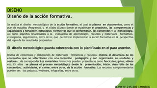 DISEÑO
Diseño de la acción formativa.
Se realiza el diseño metodológico de la acción formativa, el cual se plasma en documentos, como el
plan de estudios (Programa), y el sílabo (Curso) donde se establecen el propósito, las competencias y
capacidades a fortalecer, estrategias formativas que lo conformarán, los contenidos y la metodología,
así como aspectos relacionados a la evaluación de aprendizajes, recursos y materiales formativos,
cronograma, seguimiento, entre otros, que permitirán implementar la acción formativa en la perspectiva
del logro de los resultados propuestos.
El diseño metodológico guarda coherencia con lo planificado en el paso anterior.
Diseña de contenidos y elaboración de materiales formativos y recursos. Implica el desarrollo de los
contenidos que se seleccionan con una intención pedagógica y son organizados en unidades y
sesiones, de corresponder Los materiales formativos pueden presentarse como fascículos, guías, videos
etc. En ellos se plasma el proceso metodológico desde la presentación, inicio, desarrollo de los
contenidos, actividades, el cierre, entre otros, de la acción formativa. Los recursos complementarios
pueden ser: los podcasts, webinars, infografías, entre otros.
 
