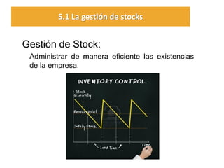 Gestión de Stock: 
Administrar de manera eficiente las existencias de la empresa. 
5.1 La gestión de stocks  