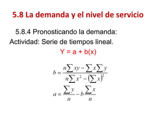 5.8.4 Pronosticando la demanda: 
Actividad: Serie de tiempos lineal. 
Y = a + b(x) 
5.8 La demanda y el nivel de servicio  