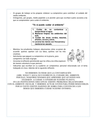 - En grupos de trabajo se les propone elaborar su compromiso para contribuir al cuidado del
medio ambiente.
- Entregamos, por grupos, medio papelote y un plumón para que escriban cuatro acciones a las
que se comprometen para cuidar el ambiente.
“Yo sí puedo cuidar el ambiente”
- Mientras los estudiantes trabajan, observamos cómo se ponen de
acuerdo: quiénes aportan con sus ideas, quiénes son los más
creativos.
- Solicitamos que peguen su compromiso en la pizarra, para
compartirlo con todo el grupo.
- Iniciamos lareflexión permitiendo que los niños y las niñas expresen
de manera voluntaria lo que piensan.
- Indicamos que escriban en su cuaderno un compromiso personal relacionado con el tema
trabajado en clase. Además de la siguiente reflexión.
NO DEBEMOS OLVIDAR QUE LA CONTAMINACIÓN
(AIRE, SUELO Y AGUA) NO FAVORECEN EL CUIDADO DEL AMBIENTE.
POR ELLO, NOSOTROS TENEMOS QUE APRENDER QUÉ ACCIONES NOS
AYUDARÁN A CUIDAR Y CONSERVAR NUESTRO PLANETA.
EN LAS INSTITUCIONES EDUCATIVAS EXISTEN PROBLEMAS RELACIONADOS
CON EL AMBIENTE ESCOLAR. Y DEBEMOS ACTUAR JUNTOS PARA PODER RESOLVERLOS.
POR LO TANTO EXISTEN RAZONES DE SOBRA PARA CONVENCER A LOS
DEMÁS QUE DEBEMOS CUIDAR NUESTRO ENTORNO.
1. Cuidar de no contaminar y
desperdiciar el agua.
2. Mantener limpios los ambientes del
aula.
3. Cuidar las áreas verdes, macetas,
árboles, cercos y otros.
4. Lavarse las manos con frecuencia y
mantenerse aseado.
 