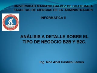 Ing. Noé Abel Castillo Lemus
UNIVERSIDAD MARIANO GALVEZ DE GUATEMALA
FACULTAD DE CIENCIAS DE LA ADMINISTRACION
INFORMATICA II
 