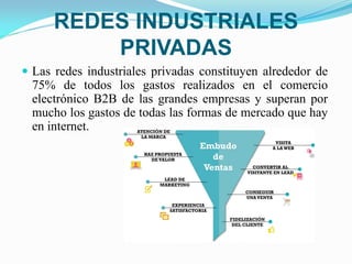 REDES INDUSTRIALES
PRIVADAS
 Las redes industriales privadas constituyen alrededor de
75% de todos los gastos realizados en el comercio
electrónico B2B de las grandes empresas y superan por
mucho los gastos de todas las formas de mercado que hay
en internet.
 