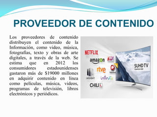 PROVEEDOR DE CONTENIDO
Los proveedores de contenido
distribuyen el contenido de la
Información, como video, música,
fotografías, texto y obras de arte
digitales, a través de la web. Se
estima que en 2012 los
consumidores estadounidenses
gastaron más de $19000 millones
en adquirir contenido en línea
como películas, música, videos,
programas de televisión, libros
electrónicos y periódicos.
 