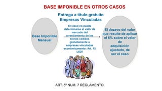 Base Imponible
Mensual
El dozavo del valor
que resulte de aplicar
el 6% sobre el valor
de
adquisición
ajustado, de
ser el caso
BASE IMPONIBLE EN OTROS CASOS
En caso no pueda
determinarse el valor de
mercado del
arrendamiento de los
bienes cedidos
gratuitamente a
empresas vinculadas
económicamente: Art. 15
LIGV
Entrega a título gratuito
Empresas Vinculadas
ART. 5º NUM. 7 REGLAMENTO.
 