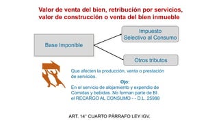 Valor de venta del bien, retribución por servicios,
valor de construcción o venta del bien inmueble
Base Imponible
Impuesto
Selectivo al Consumo
Otros tributos
ART. 14° CUARTO PÁRRAFO LEY IGV.
Que afecten la producción, venta o prestación
de servicios.
Ojo:
En el servicio de alojamiento y expendio de
Comidas y bebidas. No forman parte de BI
el RECARGO AL CONSUMO - - D.L. 25988
 