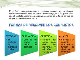 El conflicto puede presentarse en cualquier momento ya que siempre
existirán diferencias entre las partes. Sin embargo, esto no quiere decir
que el conflicto siempre sea negativo: depende de la forma en que se
afronte y su estilo de resolución.
EVITACIÓN
• El
conflicto
se
mantiene
oculto
ELIMINACIÓN
• Una de las
partes se
retira del
conflicto
OPRESIÓN
• Manejo del
poder para
dividir en
mayorías y
minorías
• Tensiones
ALIANZA
• Se llega a un
acuerdo
temporal en
función de
objetivos
comunes
 