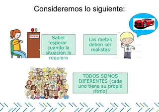 Consideremos lo siguiente:
Saber
esperar
cuando la
situación lo
requiera
Las metas
deben ser
realistas
TODOS SOMOS
DIFERENTES (cada
uno tiene su propio
ritmo)
 