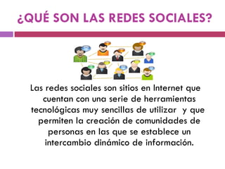 ¿QUÉ SON LAS REDES SOCIALES? Las redes sociales son sitios en Internet que cuentan con una serie de herramientas tecnológicas muy sencillas de utilizar  y que  permiten la creación de comunidades de personas en las que se establece un intercambio dinámico de información. 
