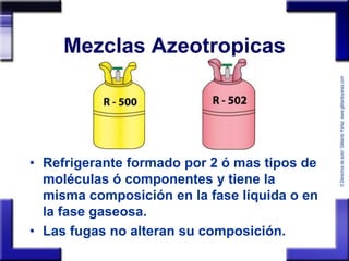 © Derechos de autor: Gildardo Yañez www.gildardoyanez.com 
Mezclas Azeotropicas 
• Refrigerante formado por 2 ó mas tipos ...