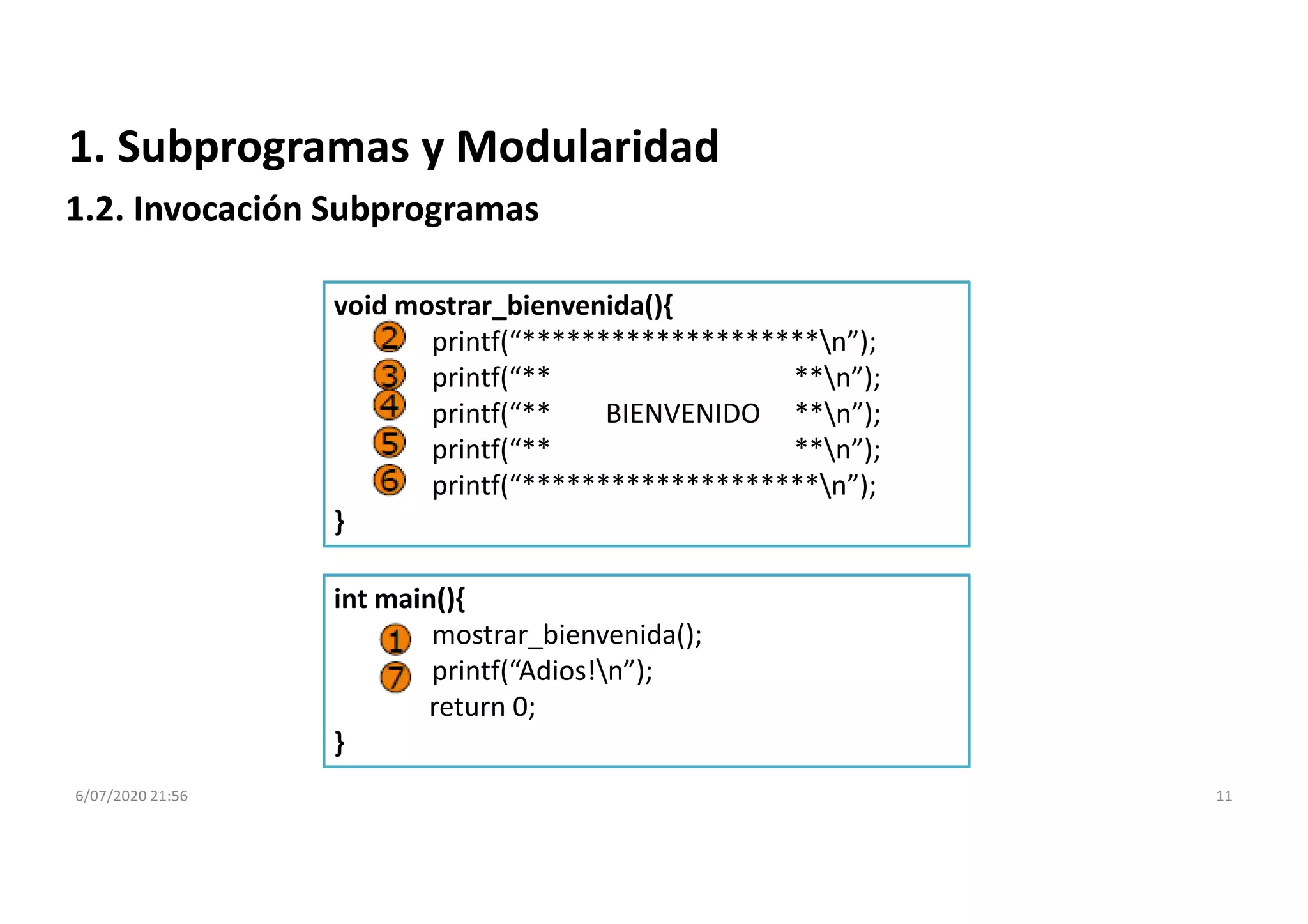 void mostrar_bienvenida(){
printf(“********************n”);
printf(“** **n”);
printf(“** BIENVENIDO **n”);
printf(“** **n”);
printf(“********************n”);
}
6/07/2020 21:56 11
1. Subprogramas y Modularidad
1.2. Invocación Subprogramas
int main(){
mostrar_bienvenida();
printf(“Adios!n”);
return 0;
}
 