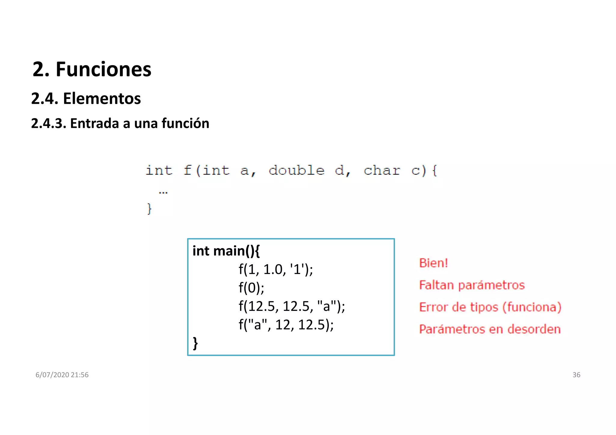 6/07/2020 21:56 36
int main(){
f(1, 1.0, '1');
f(0);
f(12.5, 12.5, "a");
f("a", 12, 12.5);
}
2.4.3. Entrada a una función
2. Funciones
2.4. Elementos
 