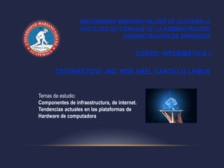 UNIVERSIDAD MARIANO GALVEZ DE GUATEMALA
FACULTAD DE CIENCIAS DE LA ADMINISTRACIÓN
ADMINISTRACIÓN DE EMPRESAS
CURSO: INFORMÁTICA I
CATEDRÁTICO: ING. NOÉ ABEL CASTILLO LEMUS
Temas de estudio:
Componentes de infraestructura, de internet.
Tendencias actuales en las plataformas de
Hardware de computadora
 