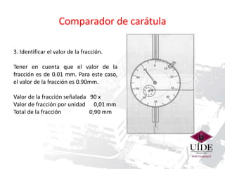 Comparador de carátula 
3. Identificar el valor de la fracción. 
Tener en cuenta que el valor de la 
fracción es de 0.01 mm. Para este caso, 
el valor de la fracción es 0.90mm. 
Valor de la fracción señalada 90 x 
Valor de fracción por unidad 0,01 mm 
Total de la fracción 0,90 mm 
 