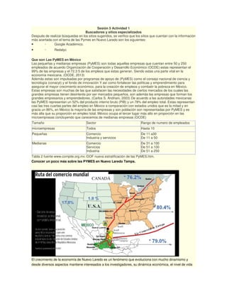 Sesión 5 Actividad 1
Buscadores y sitios especializados
Después de realizar búsquedas en los sitios sugeridos, se verifico que los sitios que cuentan con la información
más acertada con el tema de las Pymes en Nuevo Laredo son los siguientes:
• · Google Académico.
• · Redalyc
Que son Las PyMES en México
Las pequeñas y medianas empresas (PyMES) son todas aquellas empresas que cuentan entre 50 y 250
empleados de acuerdo Organización de Cooperación y Desarrollo Económico (OCDE) estas representan el
99% de las empresas y el 72.3 5 de los empleos que estas generan. Siendo estas una parte vital en la
economía mexicana. (OCDE, 2013)
Además estas son impulsadas por programas de apoyo de (PyMES) como el consejo nacional de ciencia y
tecnología (conacyt) y el fondo de innovación Y así como fortalecer las políticas y emprendimiento para
asegurar el mayor crecimiento económico, para la creación de empleos y combatir la pobreza en México.
Estas empresas son muchas de las que satisfacen las necesidades de ciertos mercados de los cuales las
grandes empresas tienen desinterés por ser mercados pequeños, son además las empresas que forman los
grandes empresarios y emprendedores. (Carlos S. Andriani, 2003) De acuerdo a las autoridades mexicanas
las PyMES representan un 52% del producto interno bruto (PIB) y un 78% del empleo total. Estas representan
casi las tres cuartas partes del empleo en México a comparación con estados unidos que es la mitad y en
gracia un 86%, en México la mayoría de las empresas y son población son representadas por PyMES y es
más alta que su proporción en empleo total. México ocupa el tercer lugar más alto en proporción en las
microempresas concluyendo que carecemos de medianas empresas (OCDE)
Tamaño Sector Rango de numero de empleados
microempresas Todos Hasta 10
Pequeñas Comercio
Industria y servicios
De 11 a30
De 11 a 50
Medianas Comercio
Servicios
Industria
De 31 a 100
De 51 a 100
De 51 a 250
Tabla 2 fuente www.compite.org.mx /DOF nueva estratificación de las PyMES.htm.
Conocer un poco más sobre las PYMES en Nuevo Laredo Tamps.
El crecimiento de la economía de Nuevo Laredo es un fenómeno que evoluciona con mucho dinamismo y
desde diversos aspectos mantiene interesados a los investigadores, su dinámica económica, el nivel de vida
 