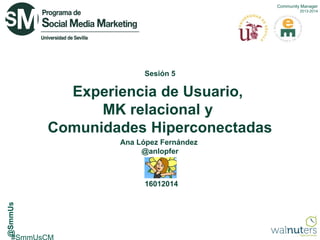 Sesión 5

Experiencia de Usuario,
MK relacional y
Comunidades Hiperconectadas
Ana López Fernández
@anlopfer

16012014

 