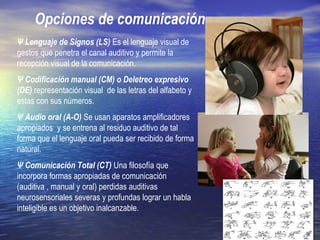 Opciones de comunicación
Ψ Lenguaje de Signos (LS) Es el lenguaje visual de
gestos que penetra el canal auditivo y permite la
recepción visual de la comunicación.
Ψ Codificación manual (CM) o Deletreo expresivo
(DE) representación visual de las letras del alfabeto y
estas con sus números.
Ψ Audio oral (A-O) Se usan aparatos amplificadores
apropiados y se entrena al residuo auditivo de tal
forma que el lenguaje oral pueda ser recibido de forma
natural.
Ψ Comunicación Total (CT) Una filosofía que
incorpora formas apropiadas de comunicación
(auditiva , manual y oral) perdidas auditivas
neurosensoriales severas y profundas lograr un habla
inteligible es un objetivo inalcanzable.
 