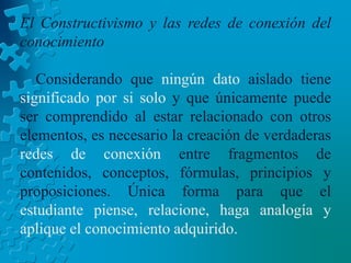      El aprendizaje no es una simple cuestión de transmisión, internalización y acumulación de información, sino que entraña todo un proceso activo por parte del estudiante que lo lleva a ensamblar,  extender, restaurar e interpretar, es decir construir los conocimiento a partir de los recursos que le brinda su experiencia y las informaciones que recibe. En el constructivismo confluyen cuatro grandes teorías:Un concepción centrada en la evolución intelectual del sujeto cognoscente. (CC)