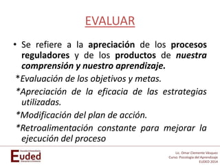 Lic. Omar Clemente Vásquez
Curso: Psicología del Aprendizaje
EUDED 2014
EVALUAR
• Se refiere a la apreciación de los procesos
reguladores y de los productos de nuestra
comprensión y nuestro aprendizaje.
*Evaluación de los objetivos y metas.
*Apreciación de la eficacia de las estrategias
utilizadas.
*Modificación del plan de acción.
*Retroalimentación constante para mejorar la
ejecución del proceso
 