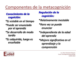Lic. Omar Clemente Vásquez
Curso: Psicología del Aprendizaje
EUDED 2014
Componentes de la metacognición
Conocimiento de la
cognición:
*Es estable en el tiempo
*Puede ser enunciado
por el aprendiz
*Se desarrolla de modo
tardío
*Es adquirida, luego es
enseñable
Regulación de la
cognición:
*Relativamente inestable
*Rara vez se puede
enunciar
*Independiente de la edad
del aprendiz
*Mejora significativa en el
aprendizaje y la
comprensión
 