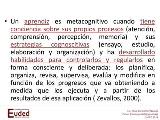 Lic. Omar Clemente Vásquez
Curso: Psicología del Aprendizaje
EUDED 2014
• Un aprendiz es metacognitivo cuando tiene
conciencia sobre sus propios procesos (atención,
comprensión, percepción, memoria) y sus
estrategias cognoscitivas (ensayo, estudio,
elaboración y organización) y ha desarrollado
habilidades para controlarlos y regularlos en
forma consciente y deliberada: los planifica,
organiza, revisa, supervisa, evalúa y modifica en
función de los progresos que va obteniendo a
medida que los ejecuta y a partir de los
resultados de esa aplicación ( Zevallos, 2000).
 