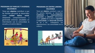 PROGRAMA DE FAMILIAS Y VIVIENDAS
SALUDABLES
Tiene por objetivo contribuir a que
las familias peruanas se desarrollen
como unidad básica social,
adoptando comportamientos y
generando entornos saludables en
interrelación con la comunidad, la
escuela y el centro laboral.
PROGRAMA DE CENTRO LABORAL
SALUDABLE
Tiene por objetivo contribuir a que en
los centros laborales se desarrollen
habilidades y responsabilidades
personales y colectivas relacionadas
con la gestión de la salud, la seguridad,
el autocuidado y el desarrollo personal
de las y los trabajadores, sus
organizaciones y las comunidades de su
entorno.
 