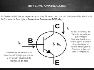 BJT’s COMO AMPLIFICADORES
La Corriente de Colector depende de muchos factores, pero dos son fundamentales: el valor de
la ...